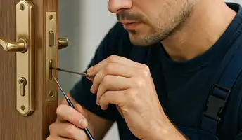 Fabbro Rivoli mentre utilizza strumenti di precisione per aprire una serratura su una porta in legno.